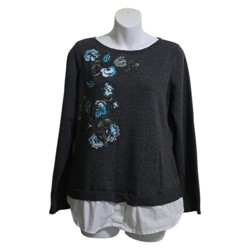 Charter Club Crew Neck Layered Embroidered Sweater Sz L